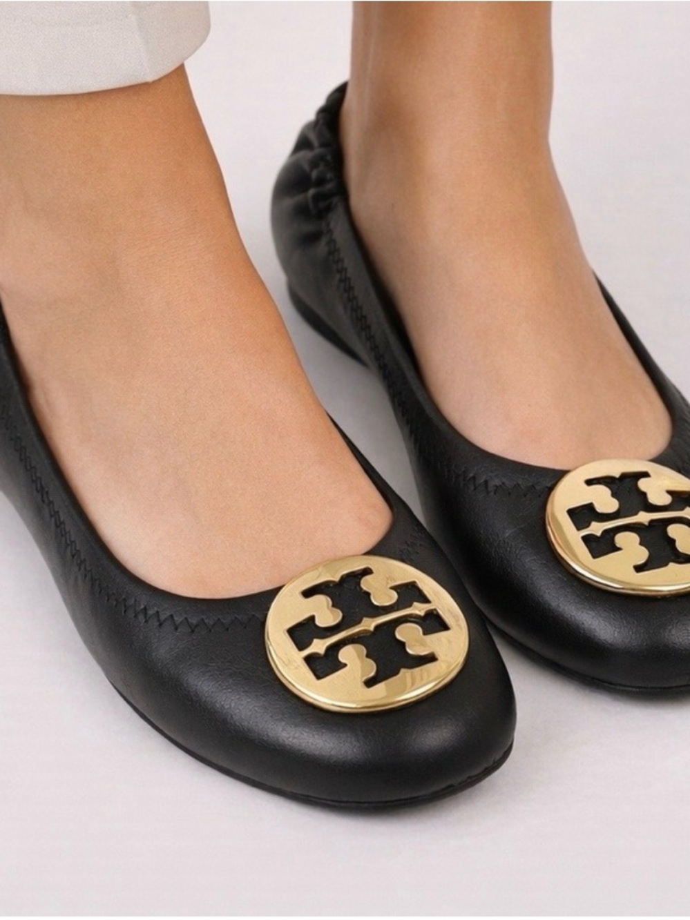 Tory Burch Black Leather Logo Medallion Ballet Flats